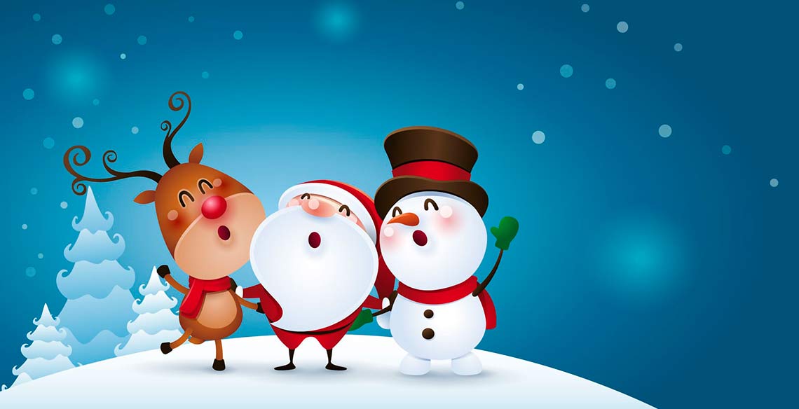 Papá Noel, el reno y un muñeco de nieve cantando a coro
