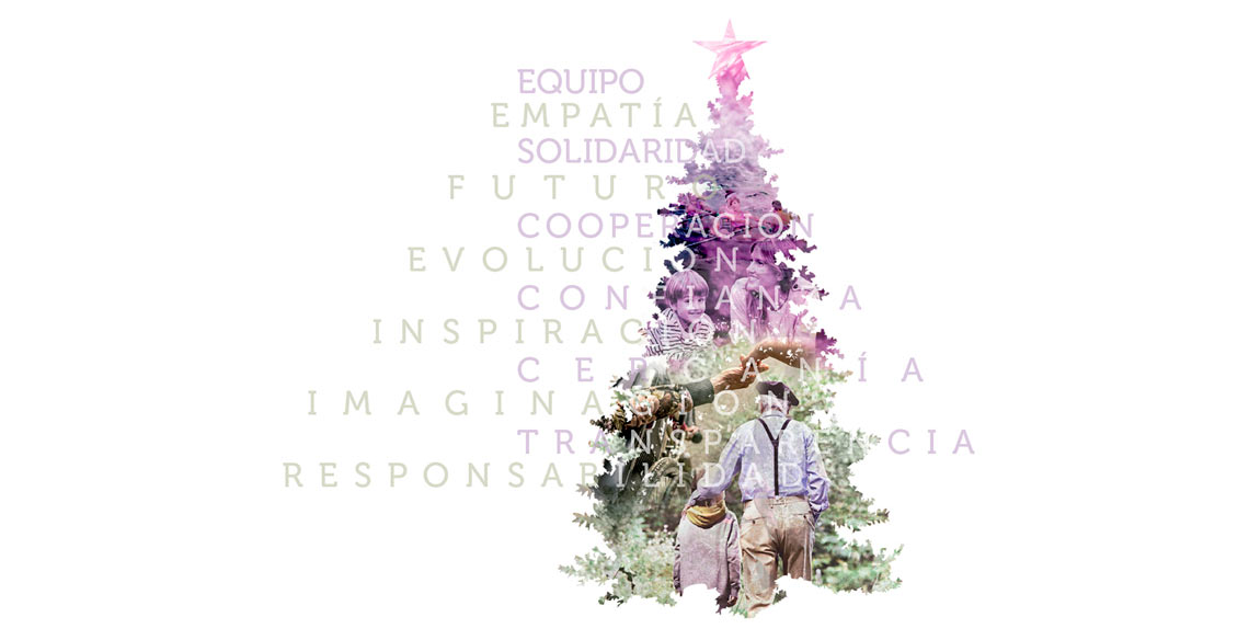 Árbol de navidad con imágenes de personas y palabras: equipo, empatía, solidaridad, futuro, cooperación, confianza, inspiración, cercanía..,