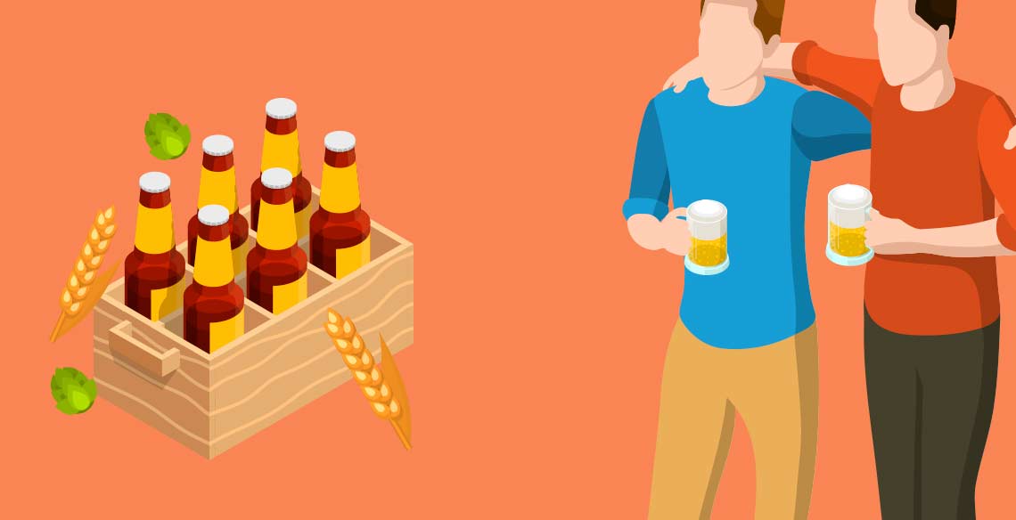 Caja de botellines de cerveza y dos amigos con una caña